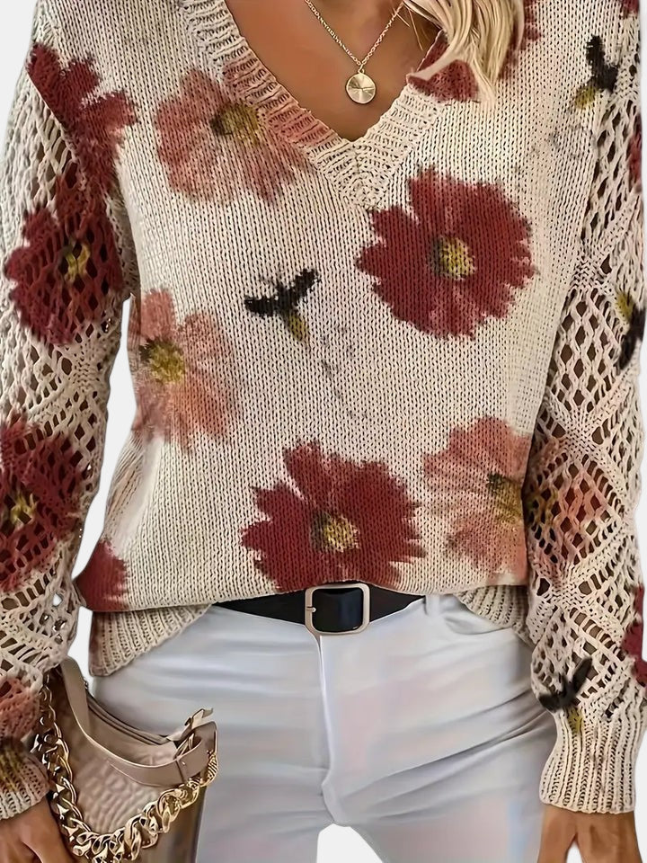 Women's Sweater | V-neck Silhouette Floral knit Pattern