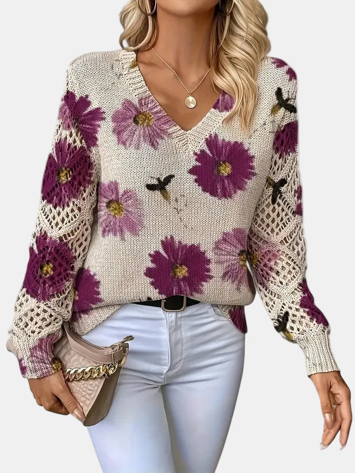 Women's Sweater | V-neck Silhouette Floral knit Pattern