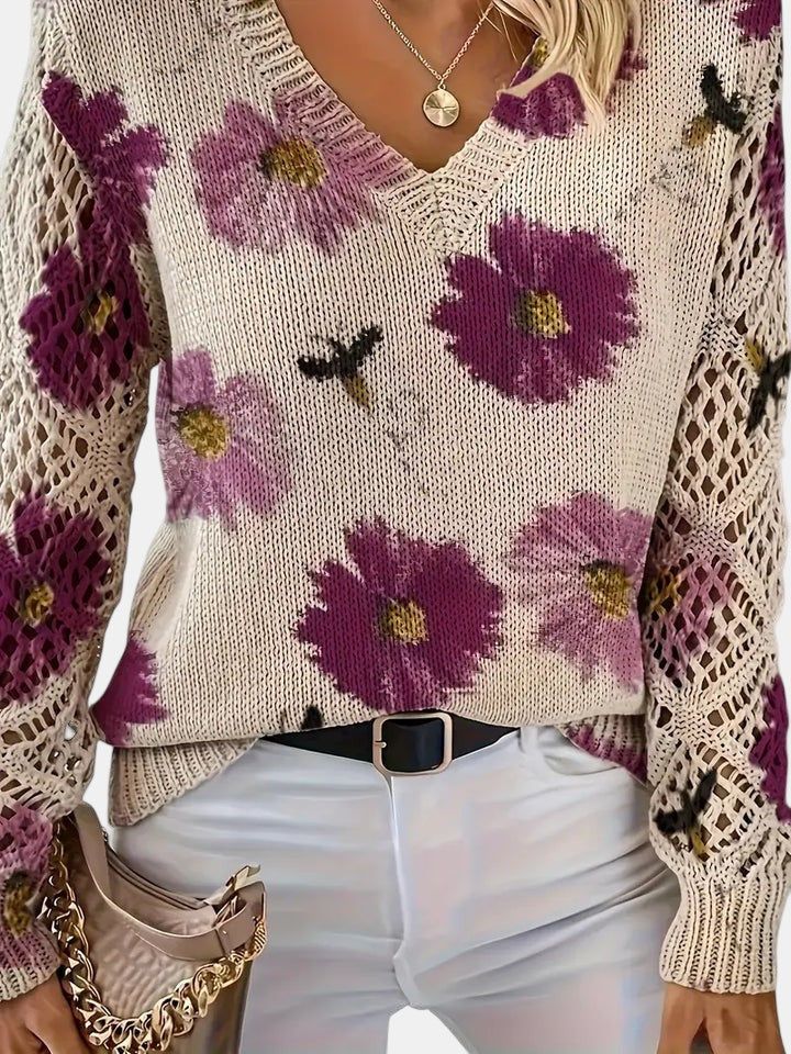 Women's Sweater | V-neck Silhouette Floral knit Pattern