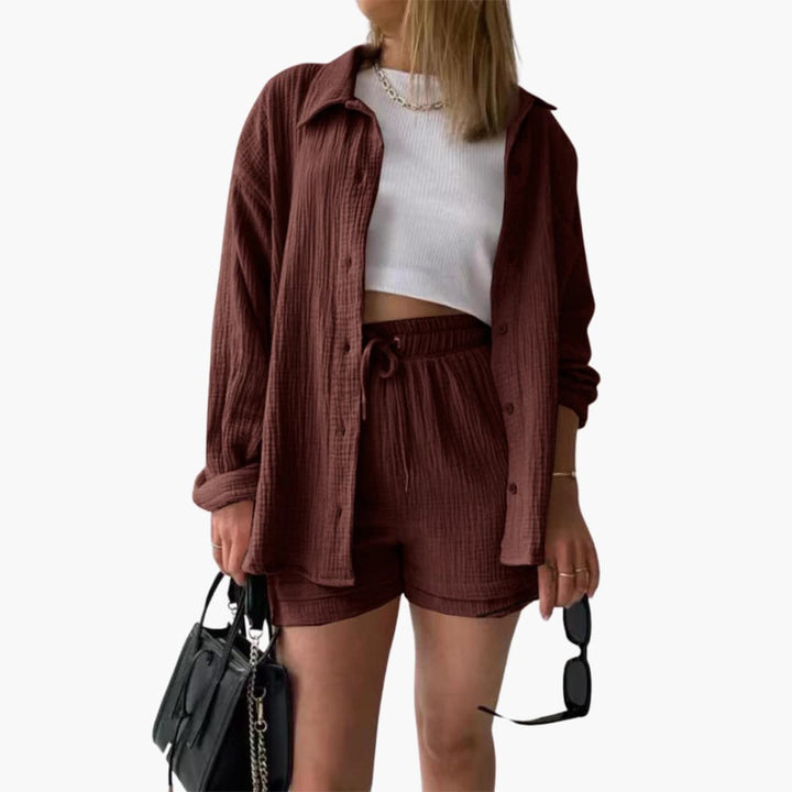 Women's Three-Piece Set | High Waist Shorts, Top, Shirt