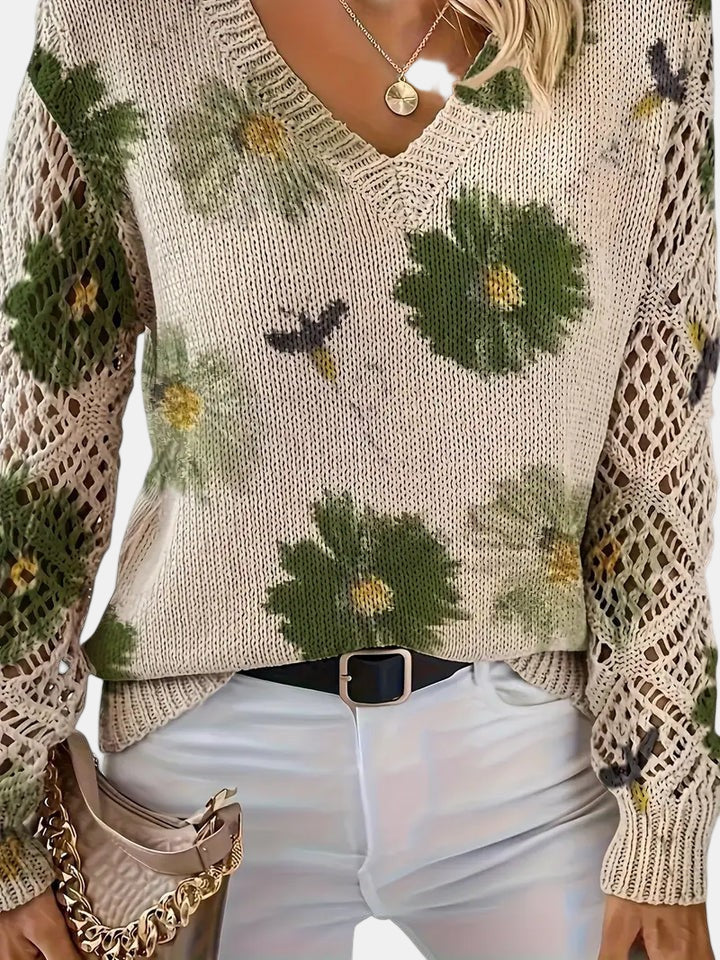 Women's Sweater | V-neck Silhouette Floral knit Pattern