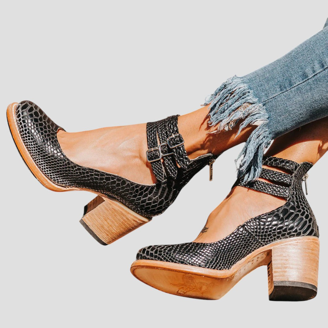 Block Heels for Women | Textured Upper Buckle Strap