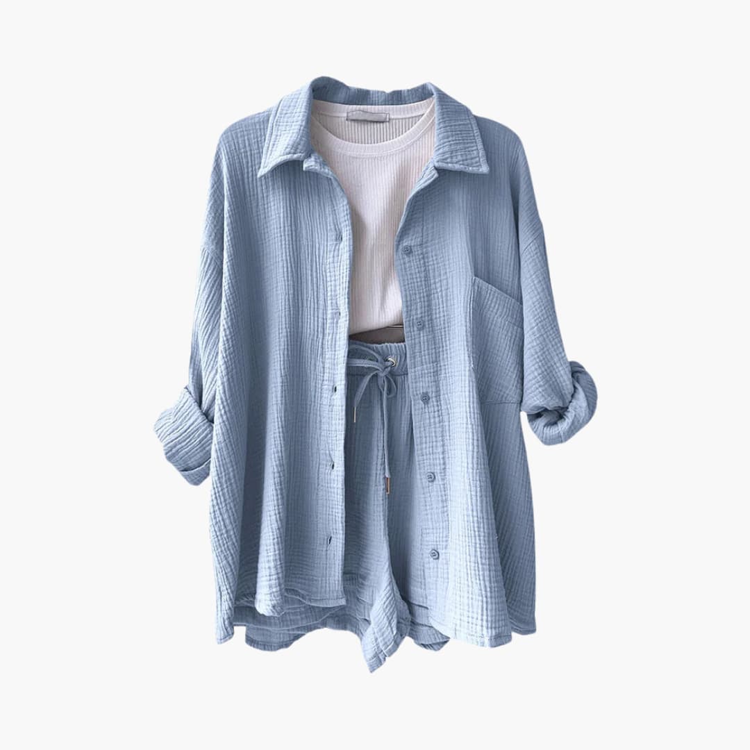 Women's Three-Piece Set | High Waist Shorts, Top, Shirt