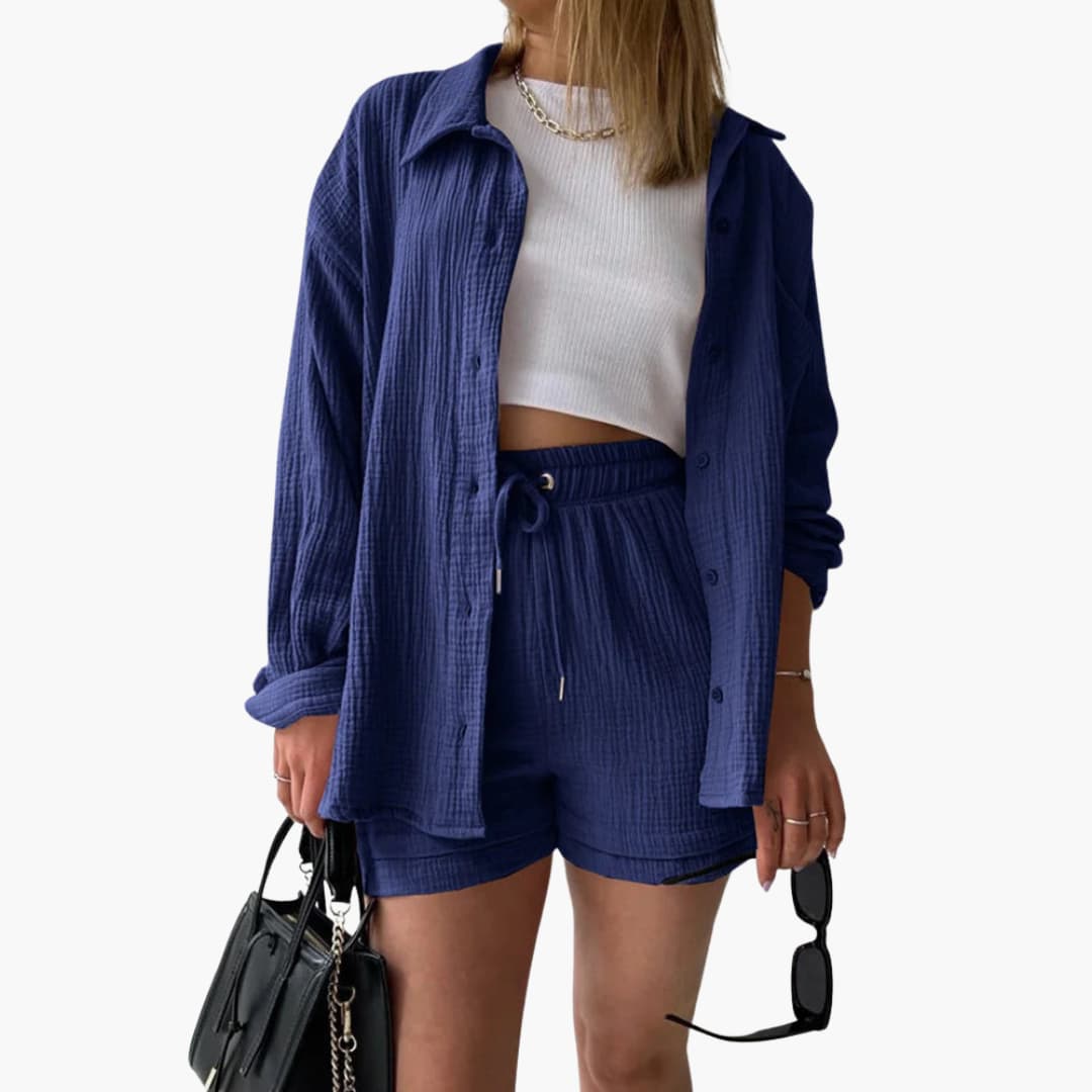 Women's Three-Piece Set | High Waist Shorts, Top, Shirt