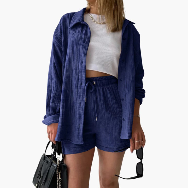 Women's Three-Piece Set | High Waist Shorts, Top, Shirt