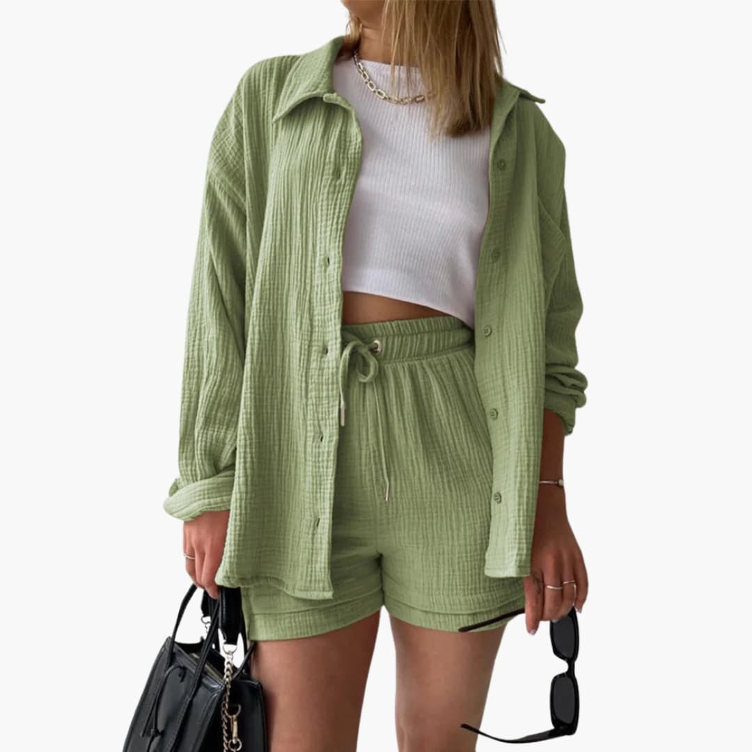 Women's Three-Piece Set | High Waist Shorts, Top, Shirt