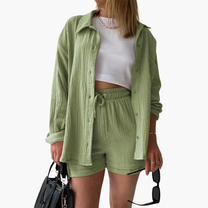 Women's Three-Piece Set | High Waist Shorts, Top, Shirt