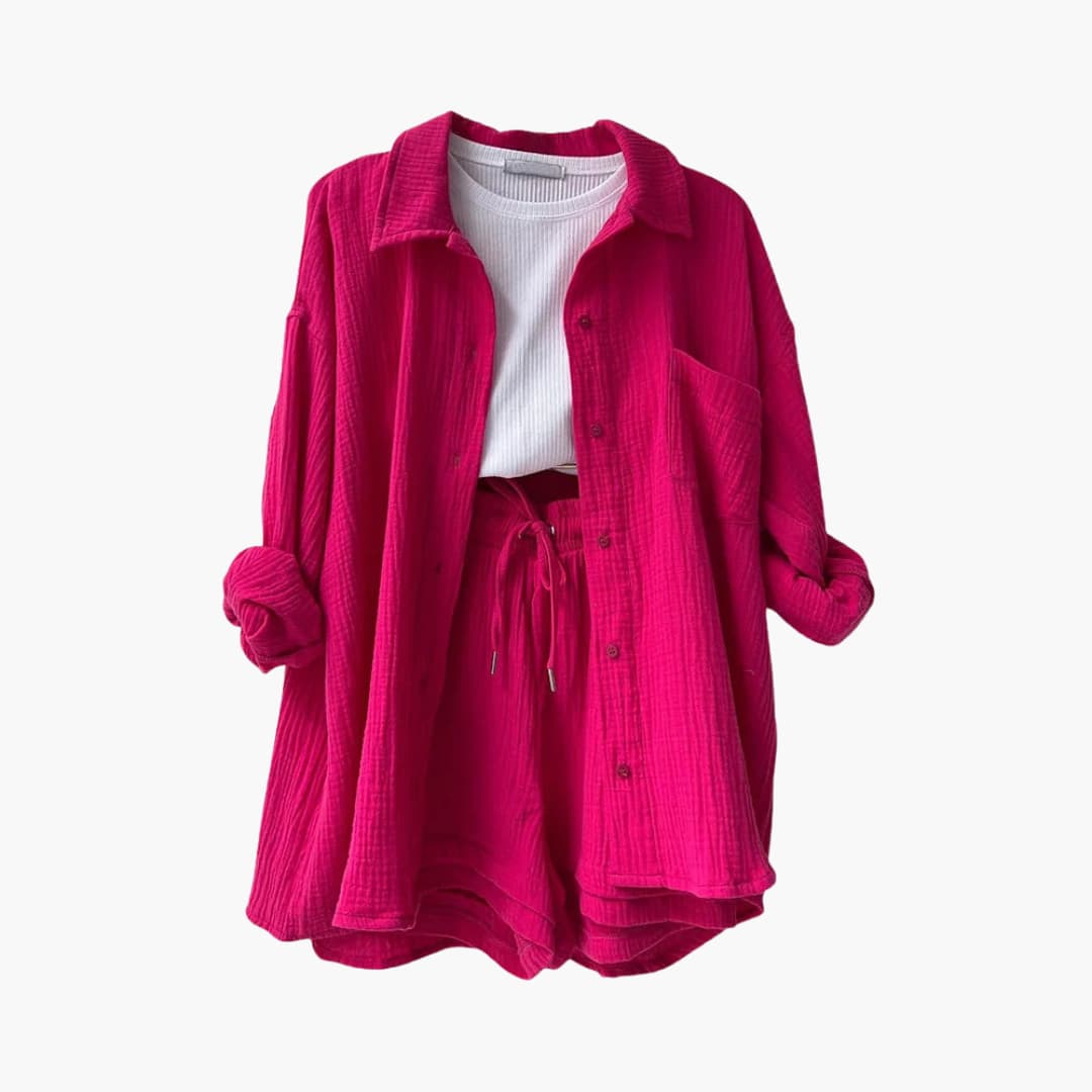 Women's Three-Piece Set | High Waist Shorts, Top, Shirt