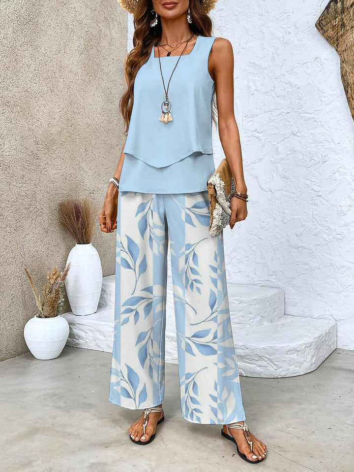 Women's Two-Piece Set | Round-neck Top Wide-leg Pants