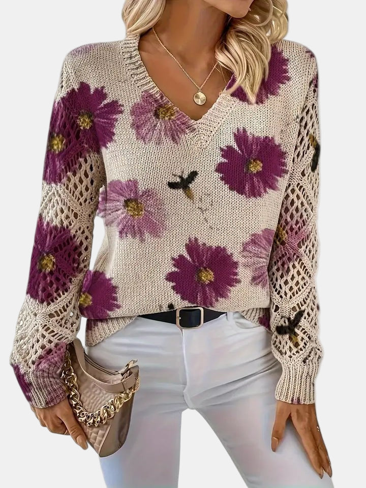 Women's Sweater | V-neck Silhouette Floral knit Pattern