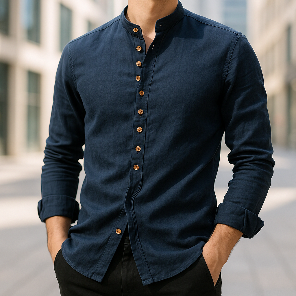 Men’s Long Sleeve Shirt | Button Front Band Collar