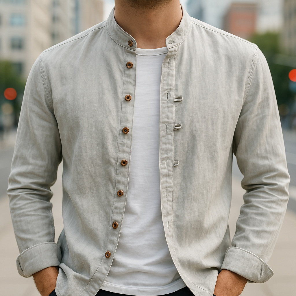 Men’s Long Sleeve Shirt | Button Front Band Collar
