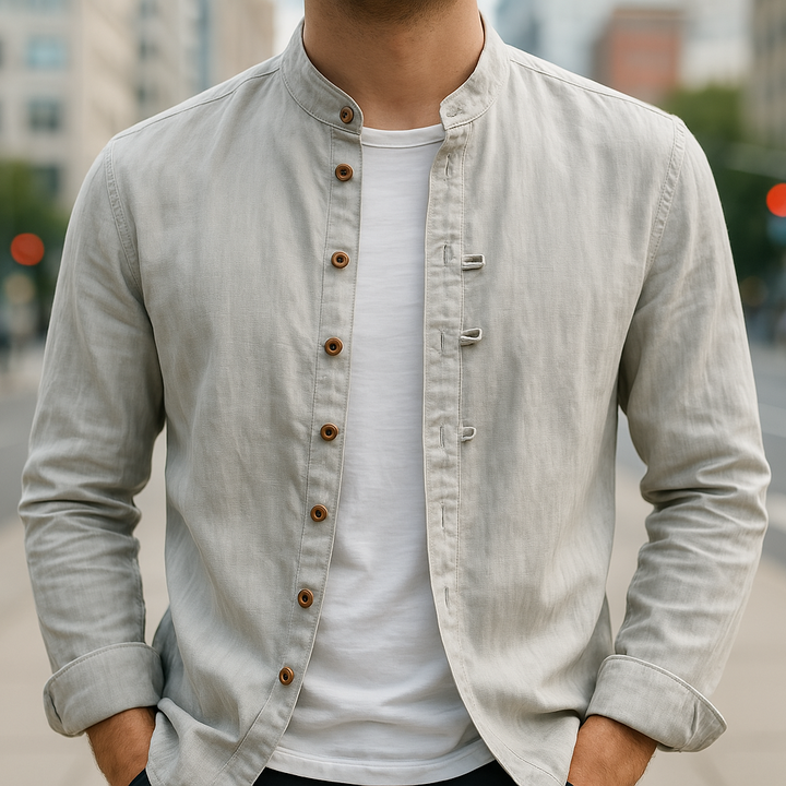 Men’s Long Sleeve Shirt | Button Front Band Collar