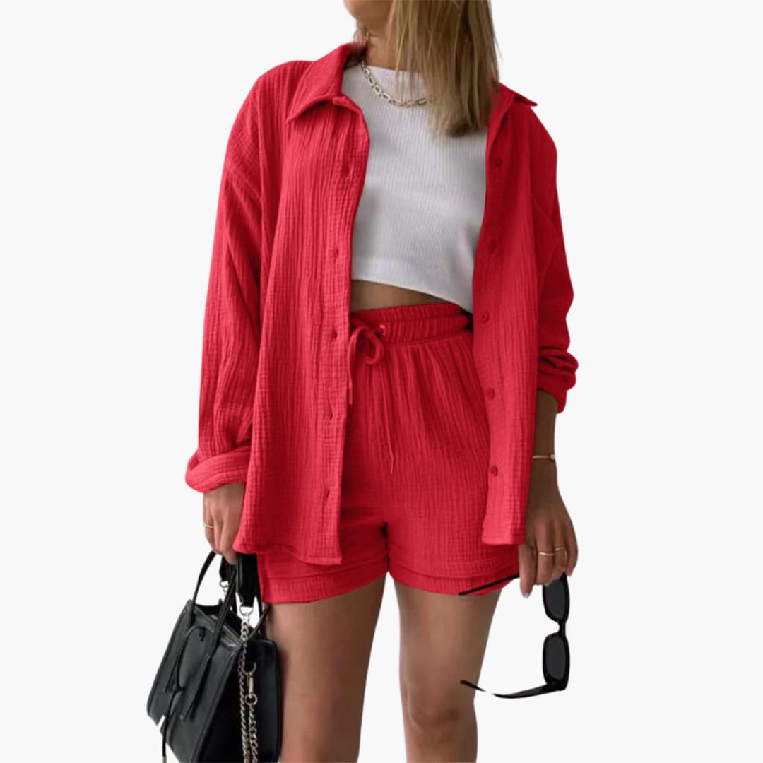 Women's Three-Piece Set | High Waist Shorts, Top, Shirt