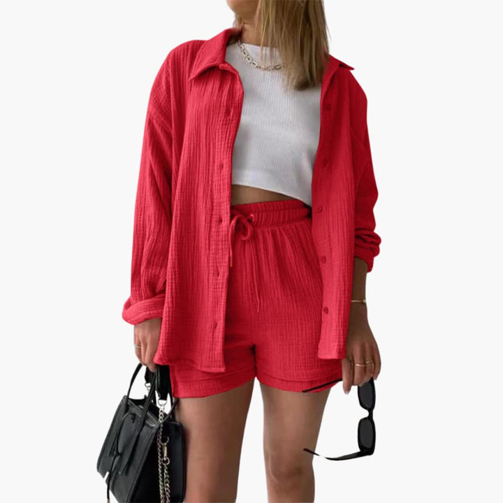 Women's Three-Piece Set | High Waist Shorts, Top, Shirt