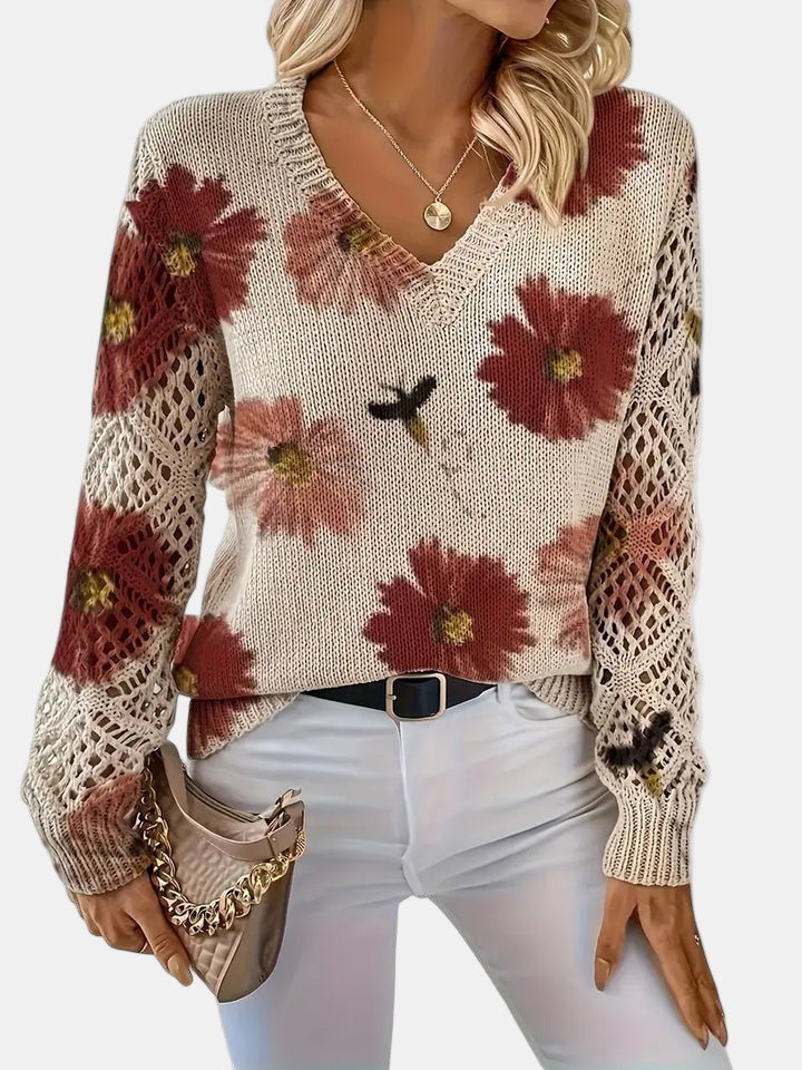 Women's Sweater | V-neck Silhouette Floral knit Pattern
