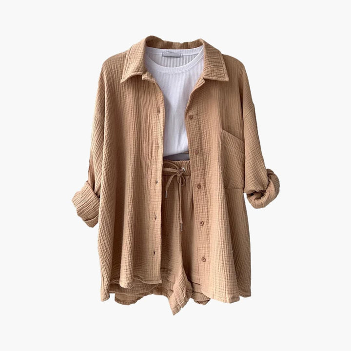 Women's Three-Piece Set | High Waist Shorts, Top, Shirt