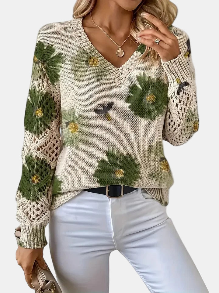 Women's Sweater | V-neck Silhouette Floral knit Pattern