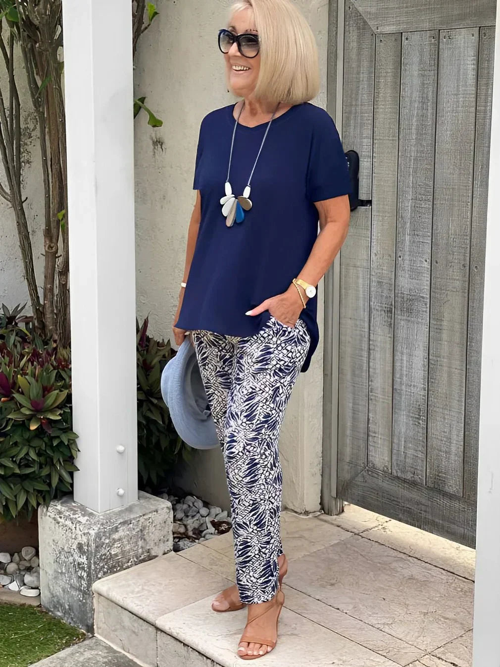 Women's Coastal Set | Round Neck Top Printed Pants