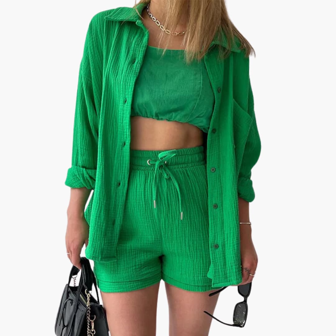 Women's Three-Piece Set | High Waist Shorts, Top, Shirt