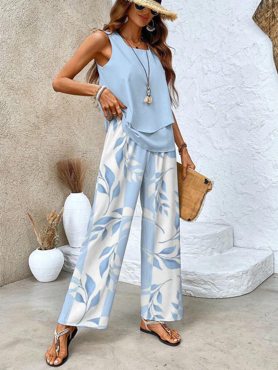 Women's Two-Piece Set | Round-neck Top Wide-leg Pants