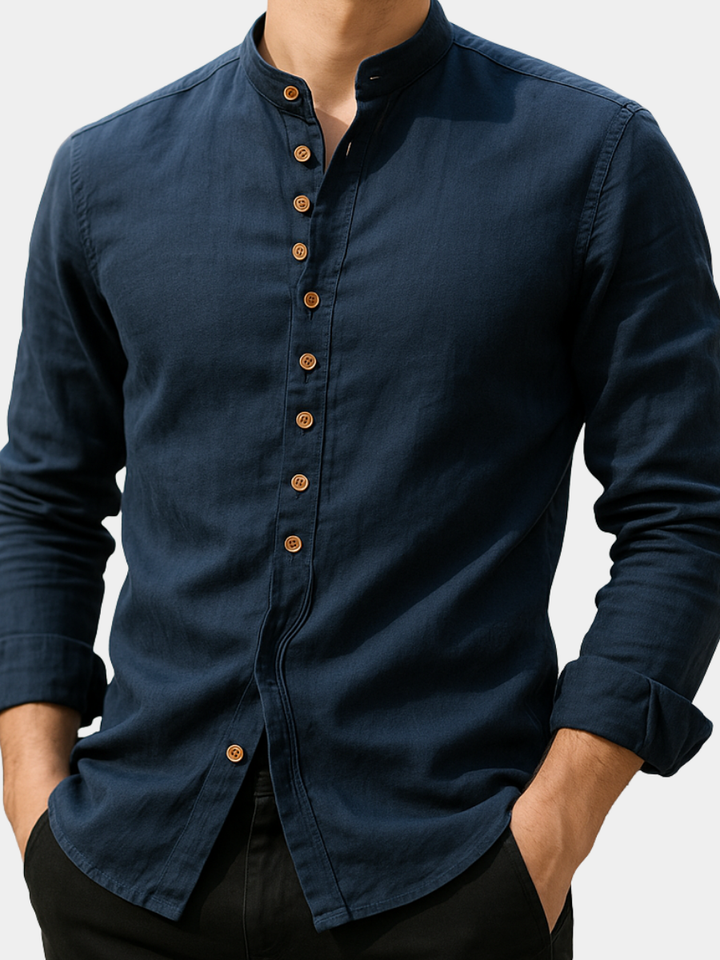 Men’s Long Sleeve Shirt | Button Front Band Collar