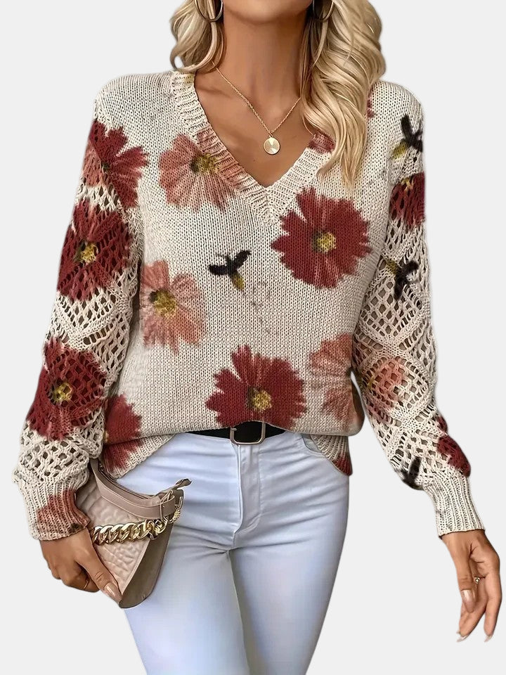 Women's Sweater | V-neck Silhouette Floral knit Pattern