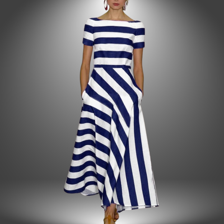 Women’s Dress | Asymmetric Stripe Short Sleeve Midi
