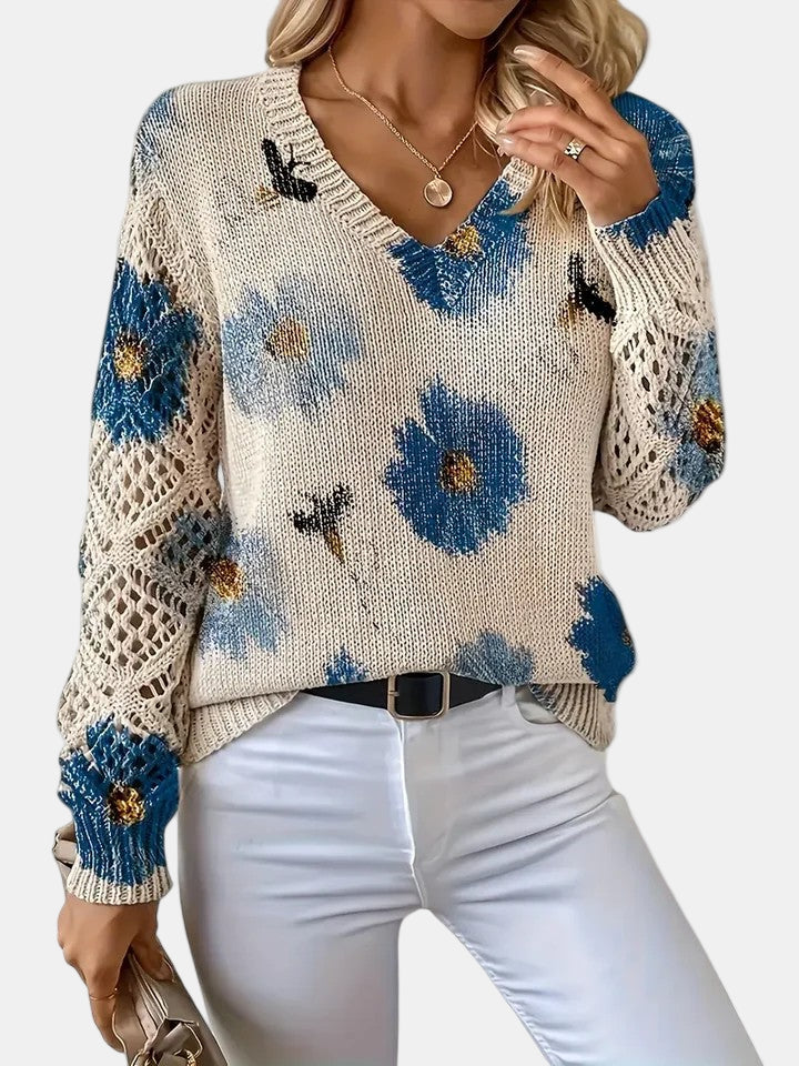 Women's Sweater | V-neck Silhouette Floral knit Pattern