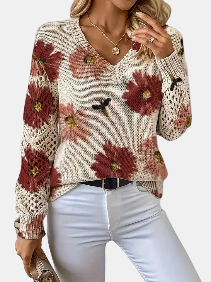Women's Sweater | V-neck Silhouette Floral knit Pattern