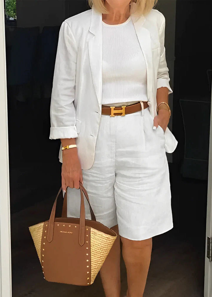 Women's Three-Piece Set | Lapel Blazer Knee-Length Shorts