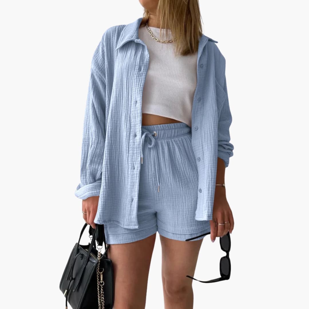 Women's Three-Piece Set | High Waist Shorts, Top, Shirt