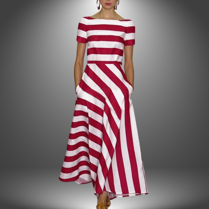 Women’s Dress | Asymmetric Stripe Short Sleeve Midi