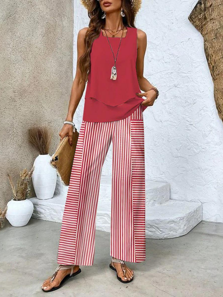Women's Two-Piece Set | Round-neck Top Wide-leg Pants
