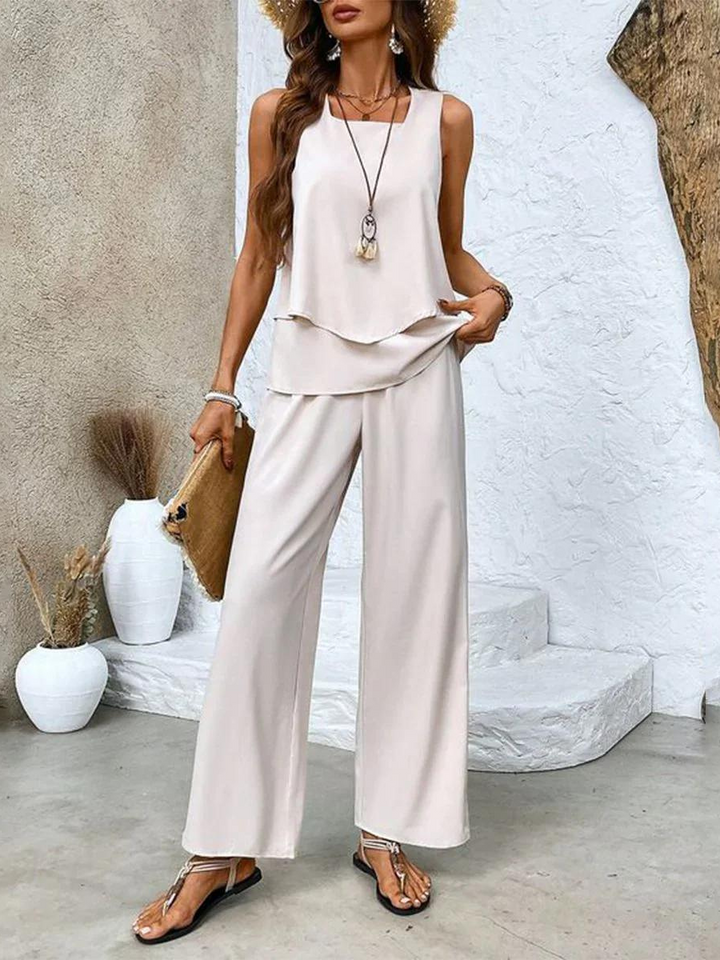 Women's Two-Piece Set | Round-neck Top Wide-leg Pants