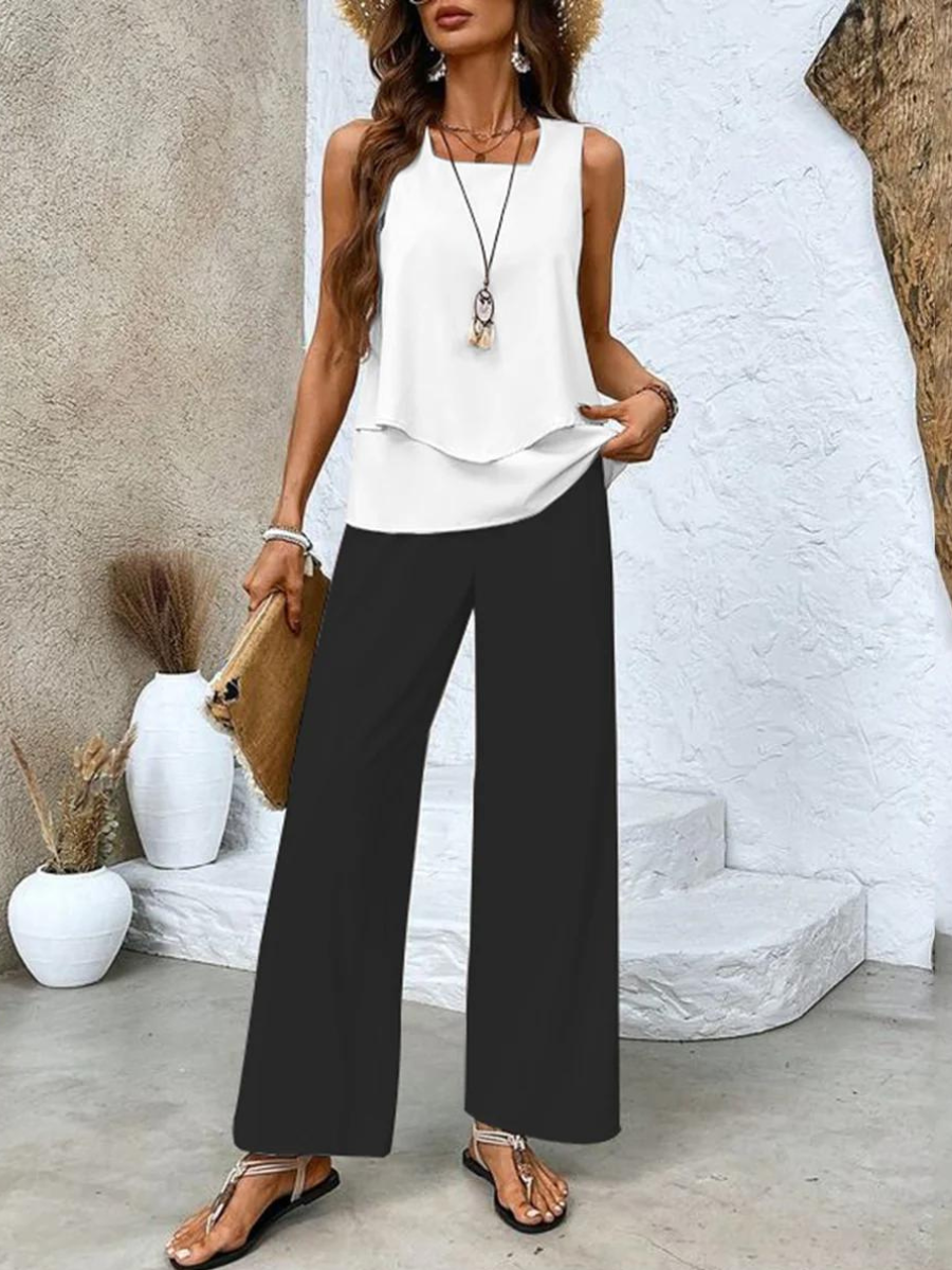 Women's Two-Piece Set | Round-neck Top Wide-leg Pants