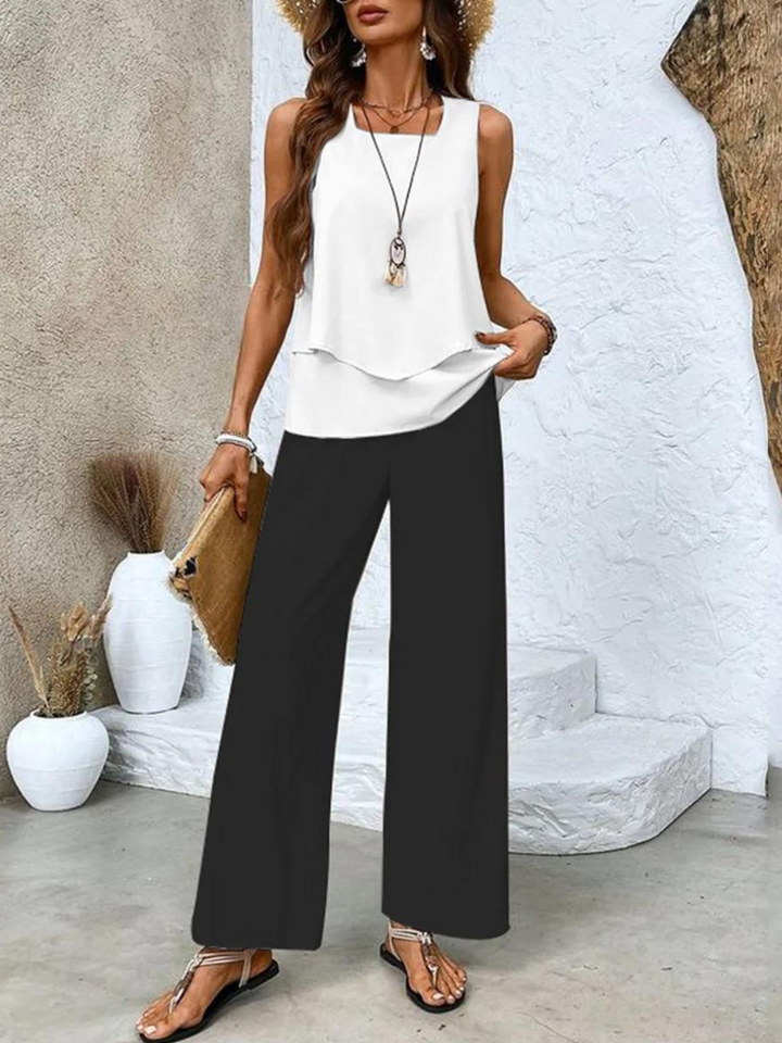 Women's Two-Piece Set | Round-neck Top Wide-leg Pants