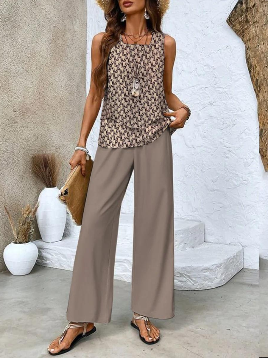 Women's Two-Piece Set | Round-neck Top Wide-leg Pants