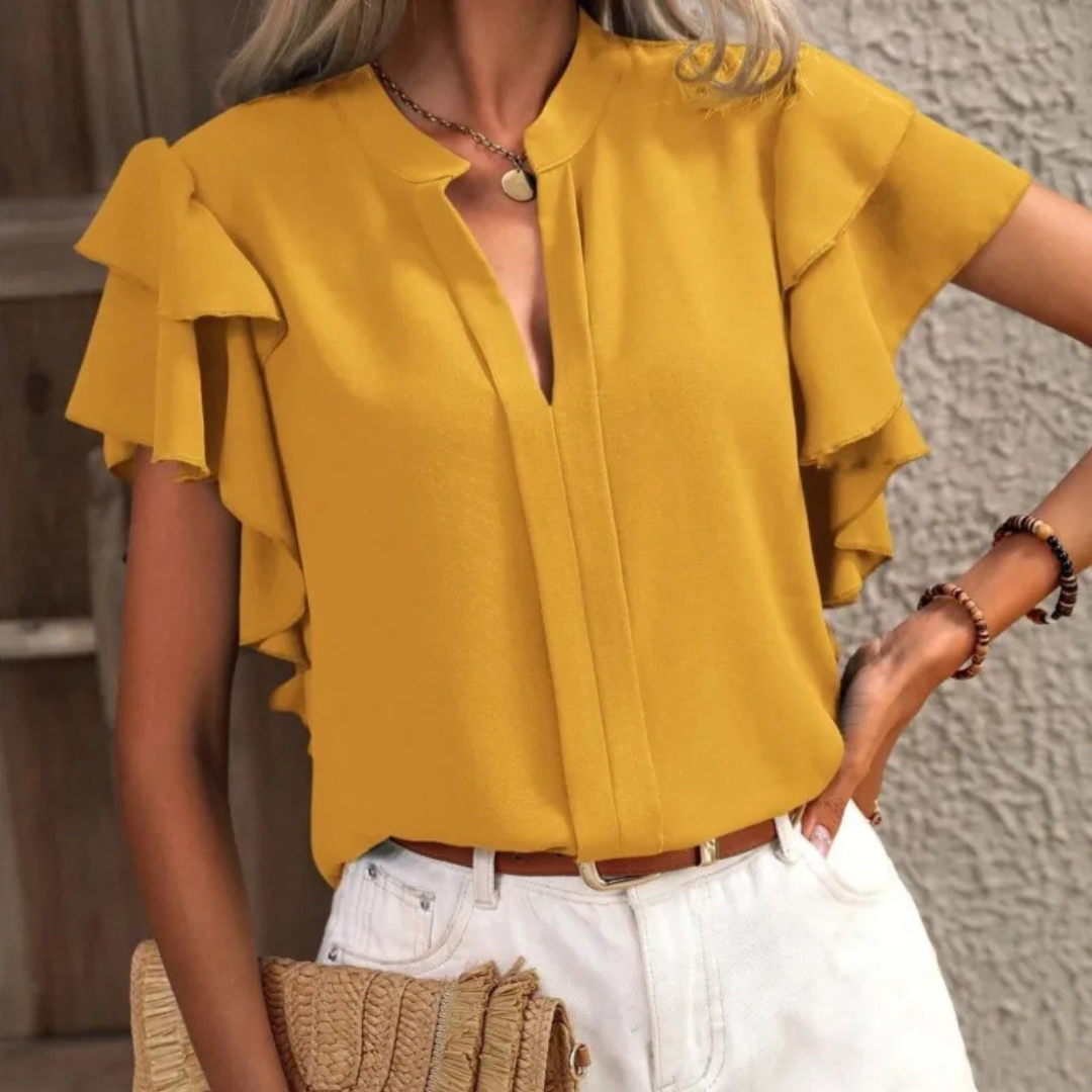 Women’s Blouse | V-shaped Neckline Ruffle Short Sleeve
