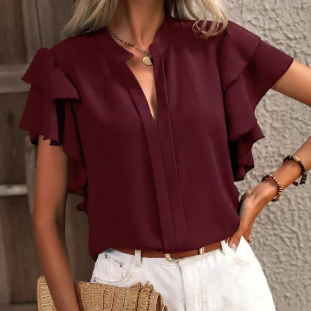 Women’s Blouse | V-shaped Neckline Ruffle Short Sleeve