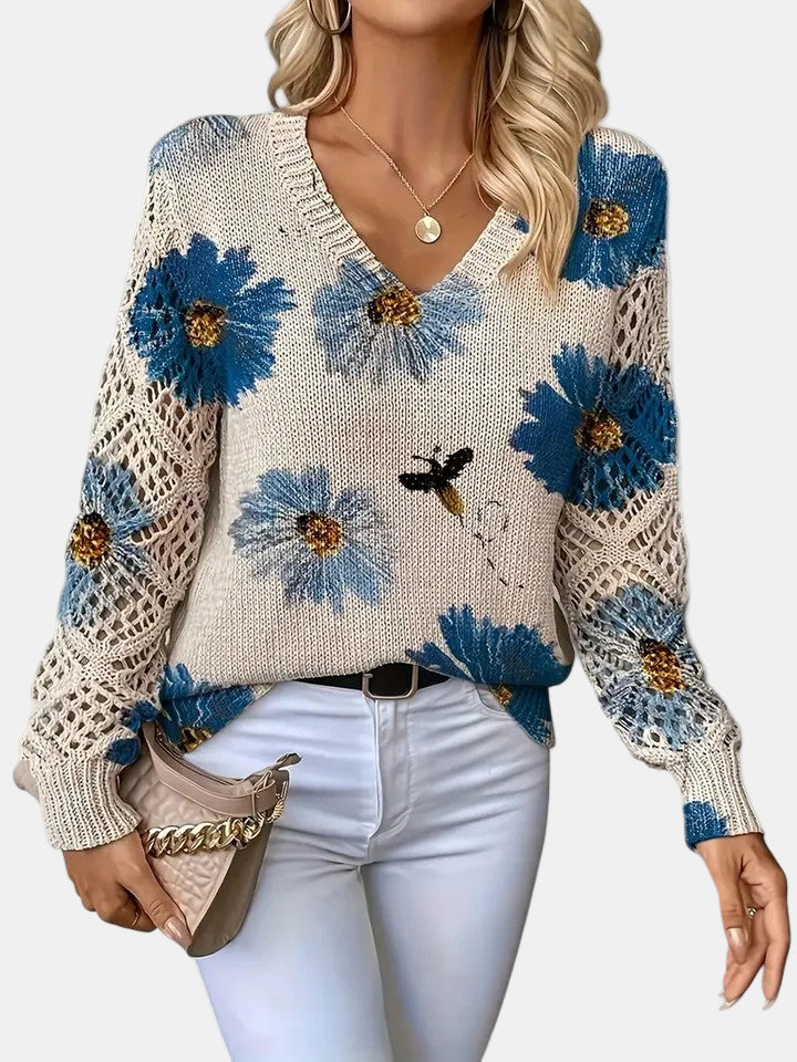 Women's Sweater | V-neck Silhouette Floral knit Pattern