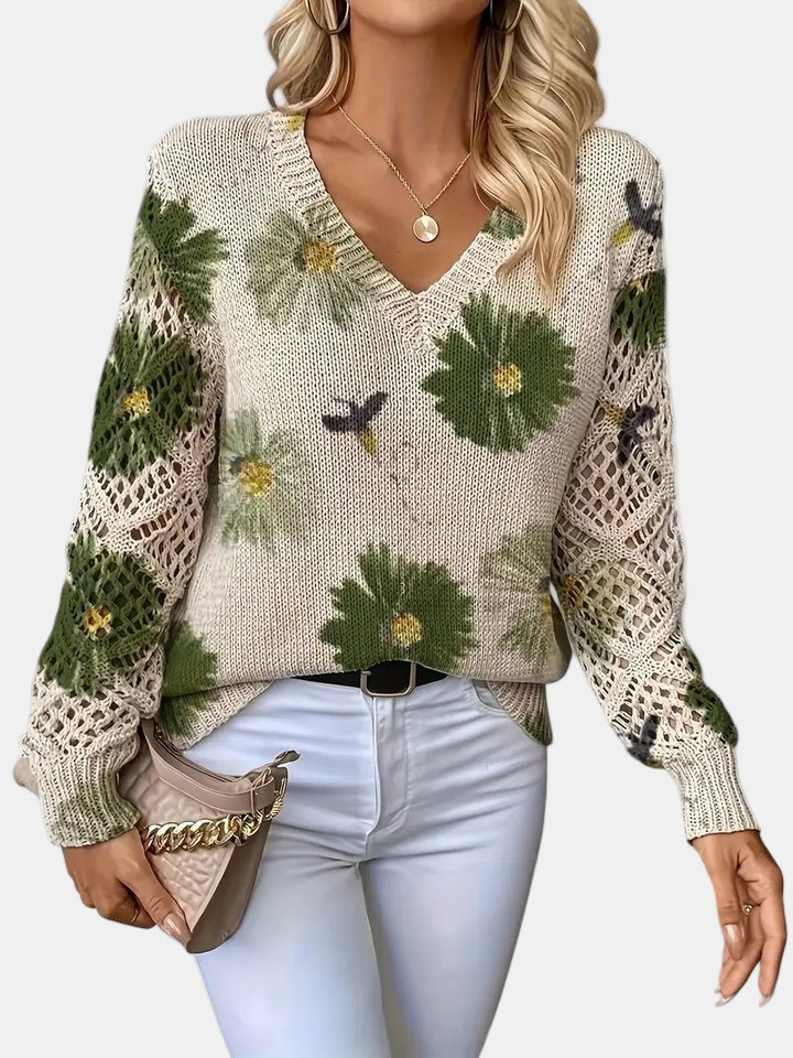 Women's Sweater | V-neck Silhouette Floral knit Pattern