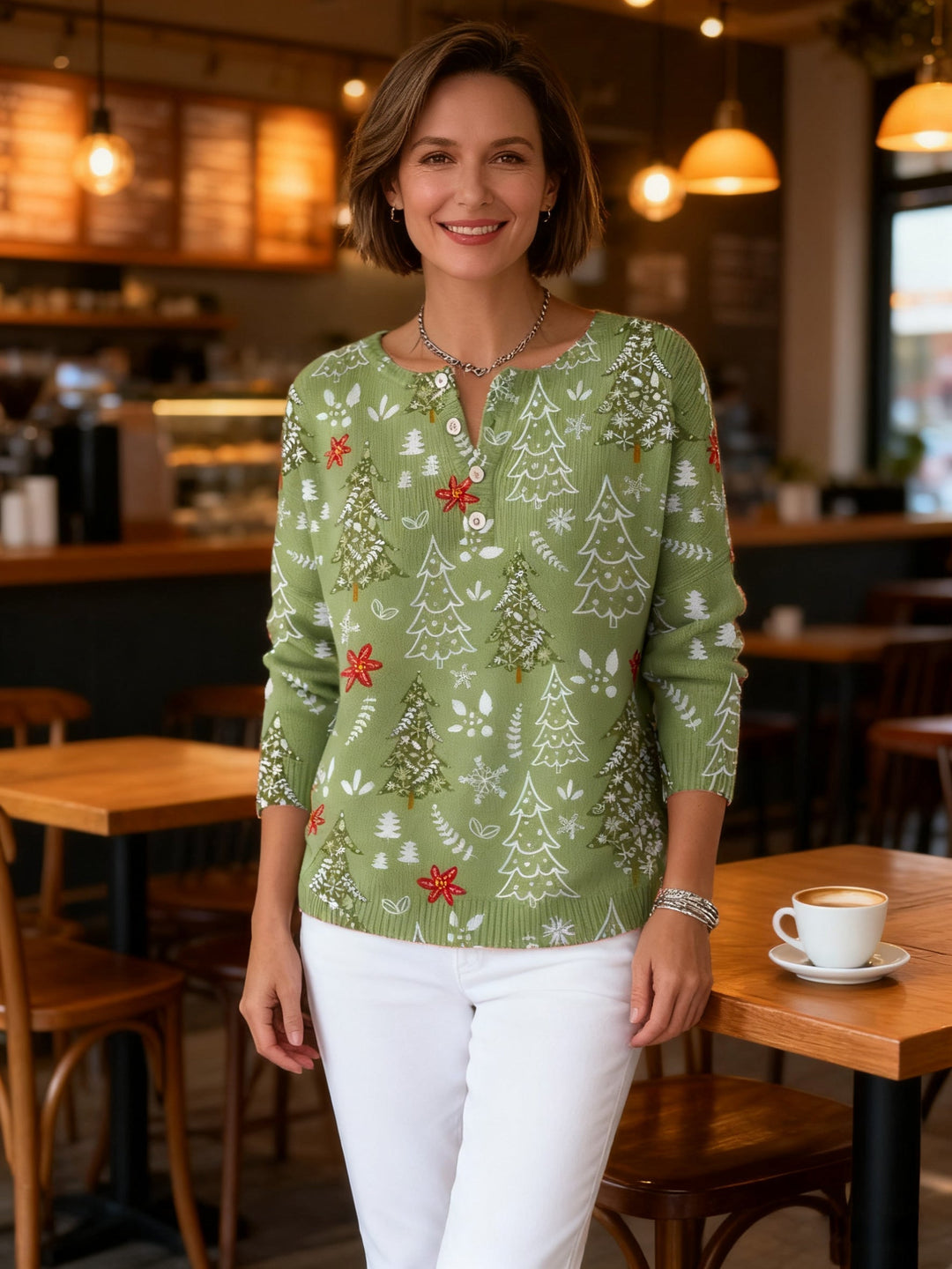 Women's Blouse | Holiday Print Button Placket