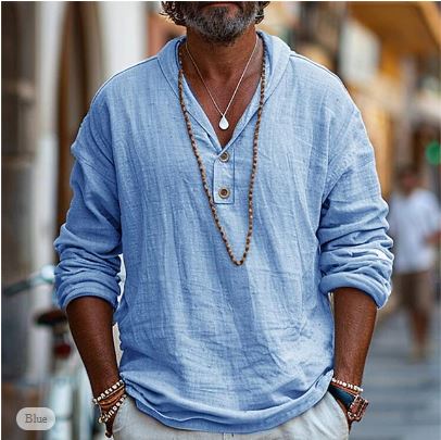 Men’s Long Sleeve Shirt | V Neck Button Placket