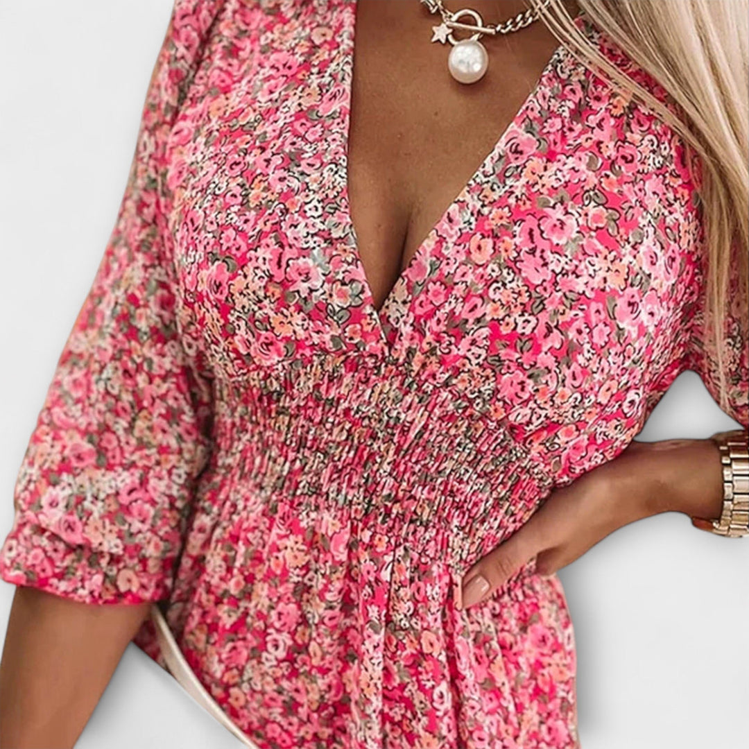 Women’s Dress | V-Neck Floral Puff Sleeve
