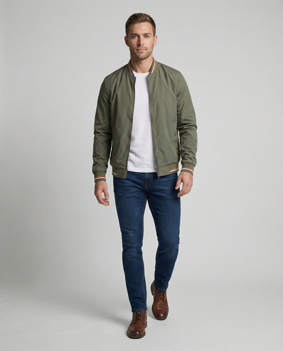 Men's Bomber Jacket | Zip-Up Front with Ribbed Collar