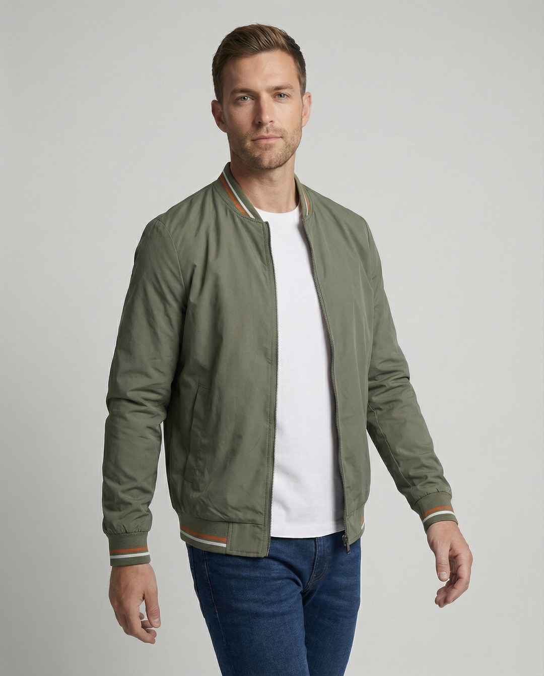 Men's Bomber Jacket | Zip-Up Front with Ribbed Collar