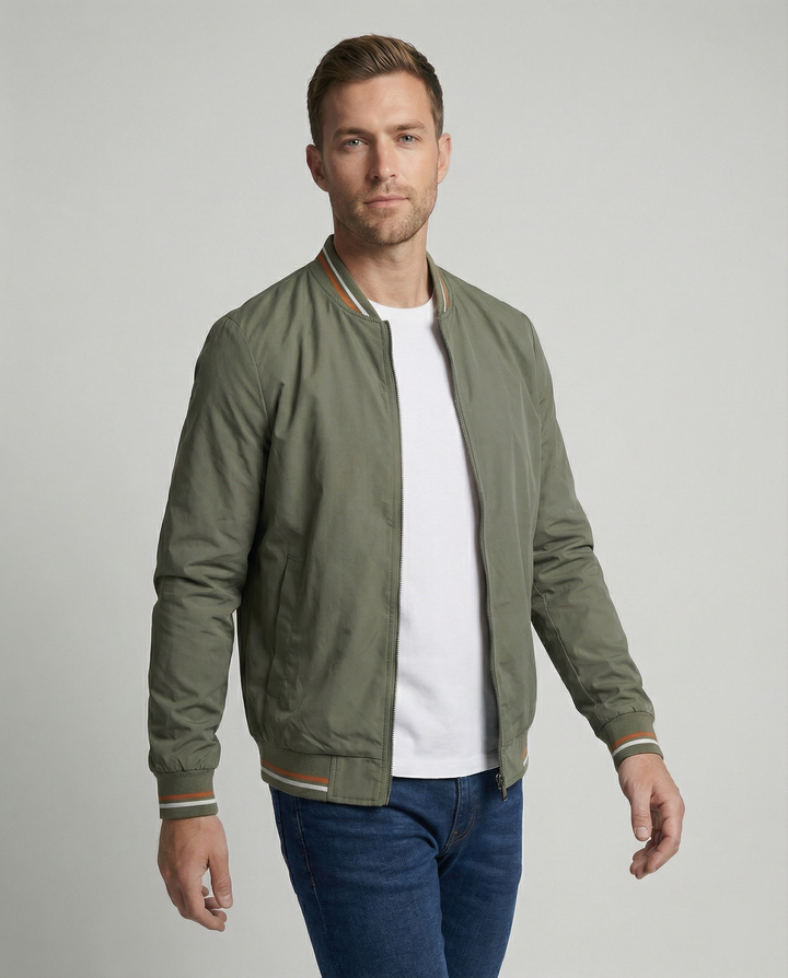 Men's Bomber Jacket | Zip-Up Front with Ribbed Collar