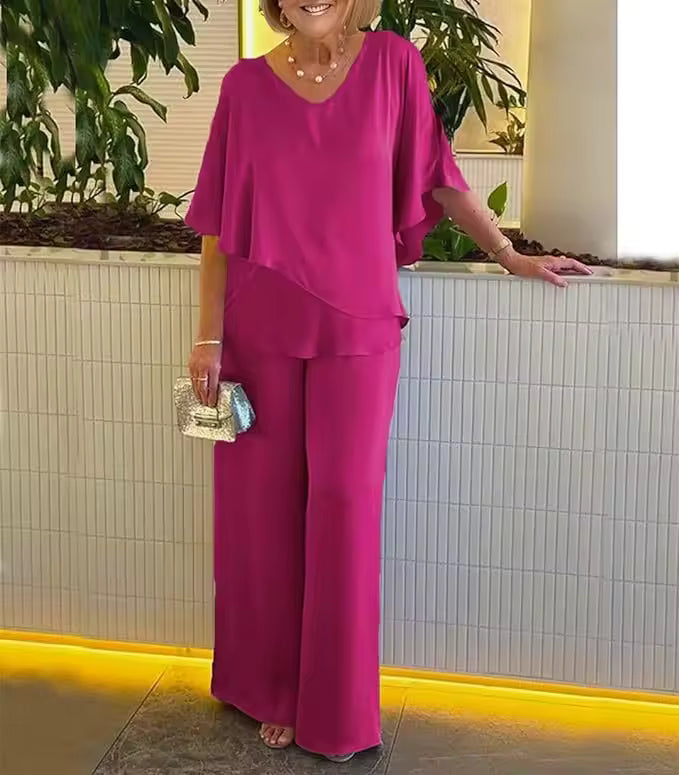 Women's Two-Piece Set  | V-neck Layered Top Structured Waistband