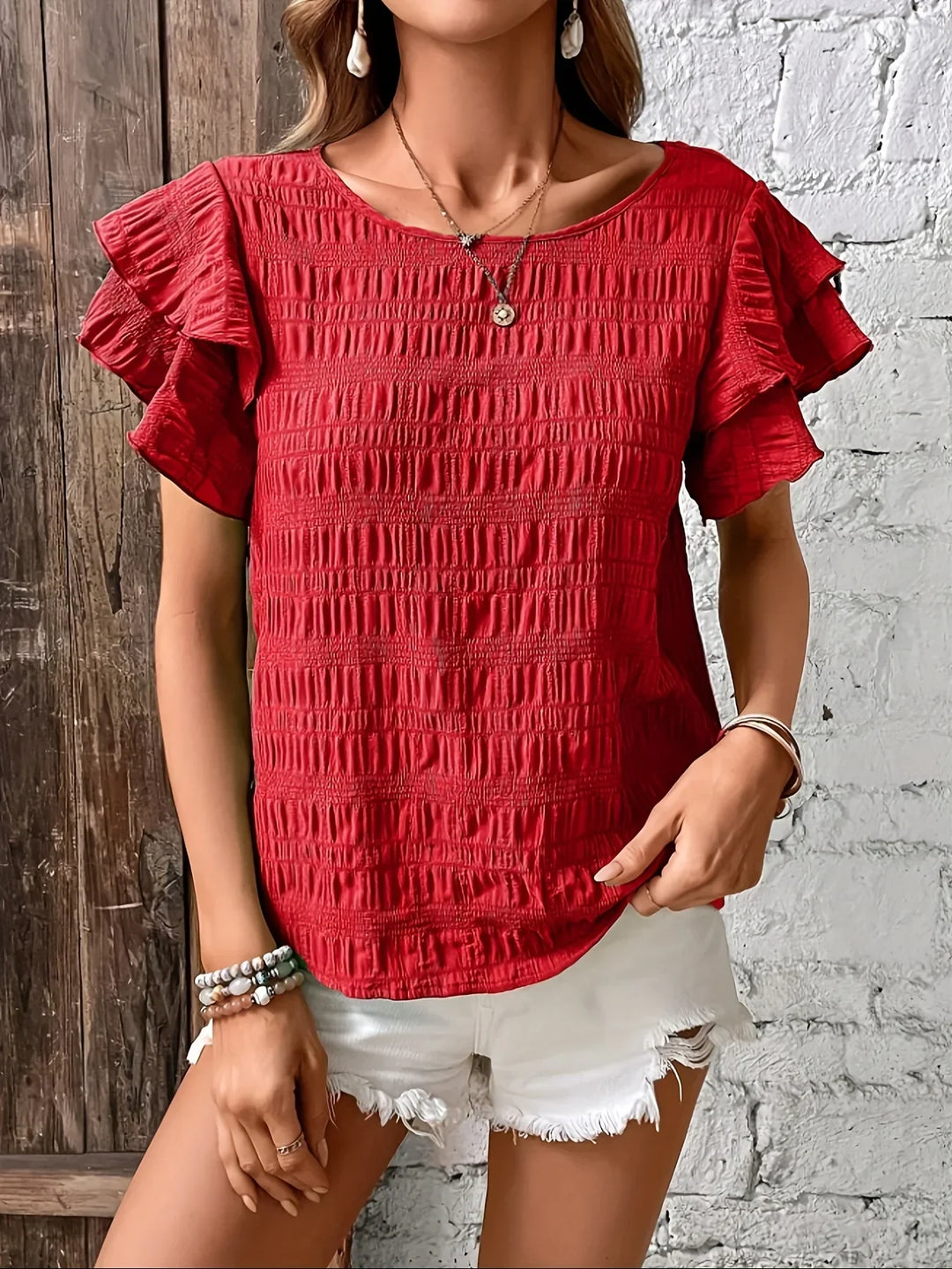 Women’s Blouse | Textured Surface Ruffle Sleeve